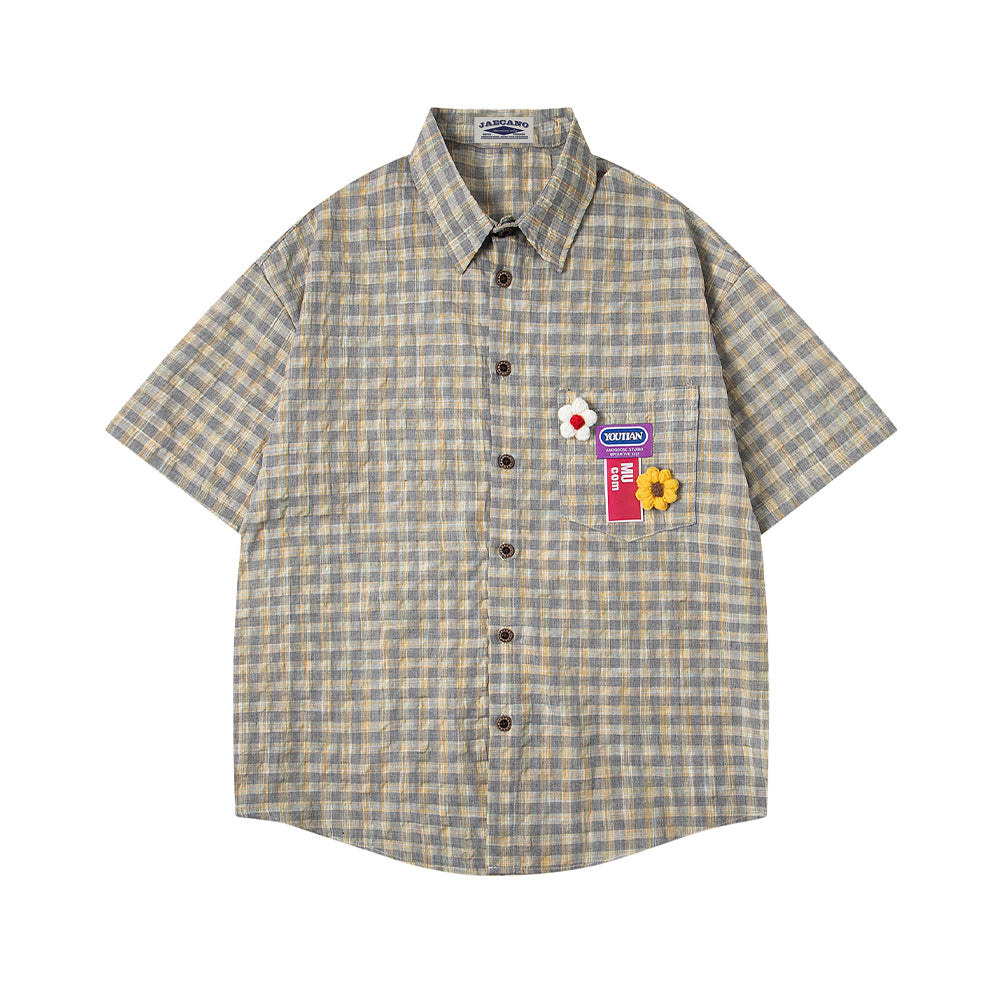 Small floral plaid short-sleeved shirt