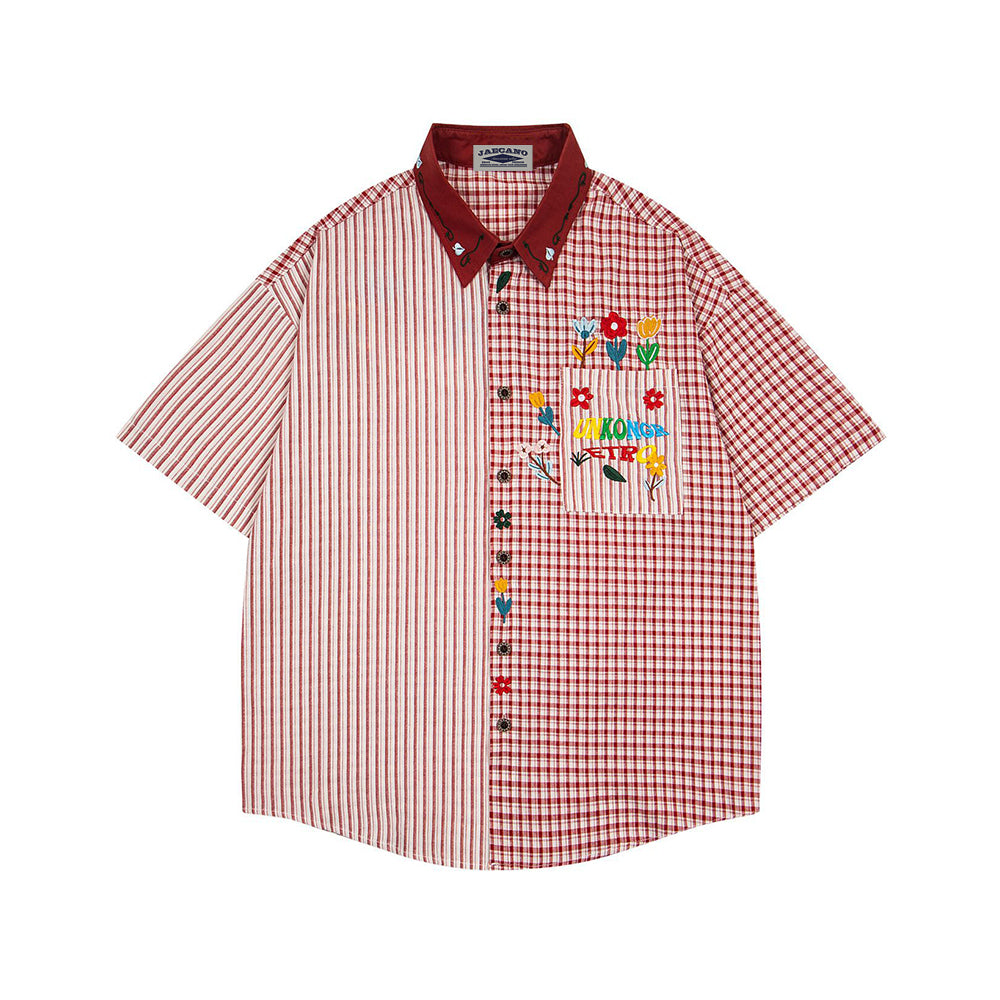 刺綉撞色短袖襯衫