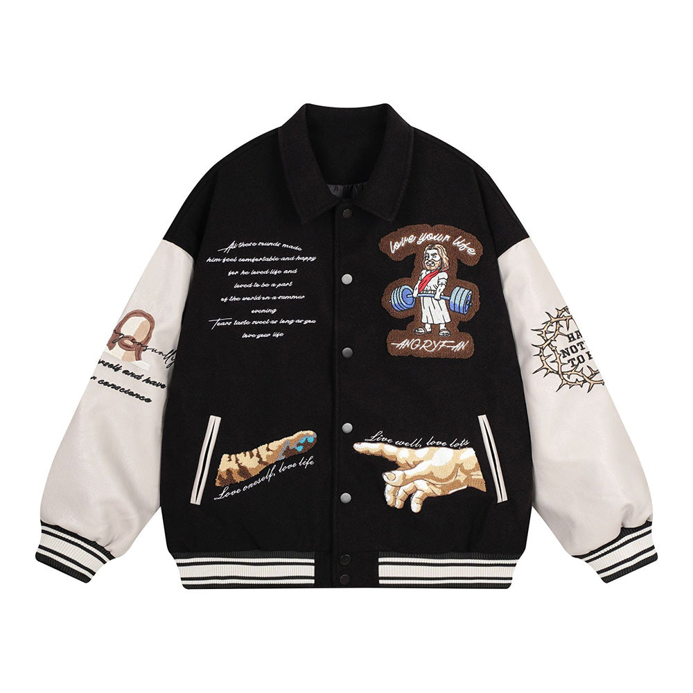 Embroidered patchwork baseball jacket