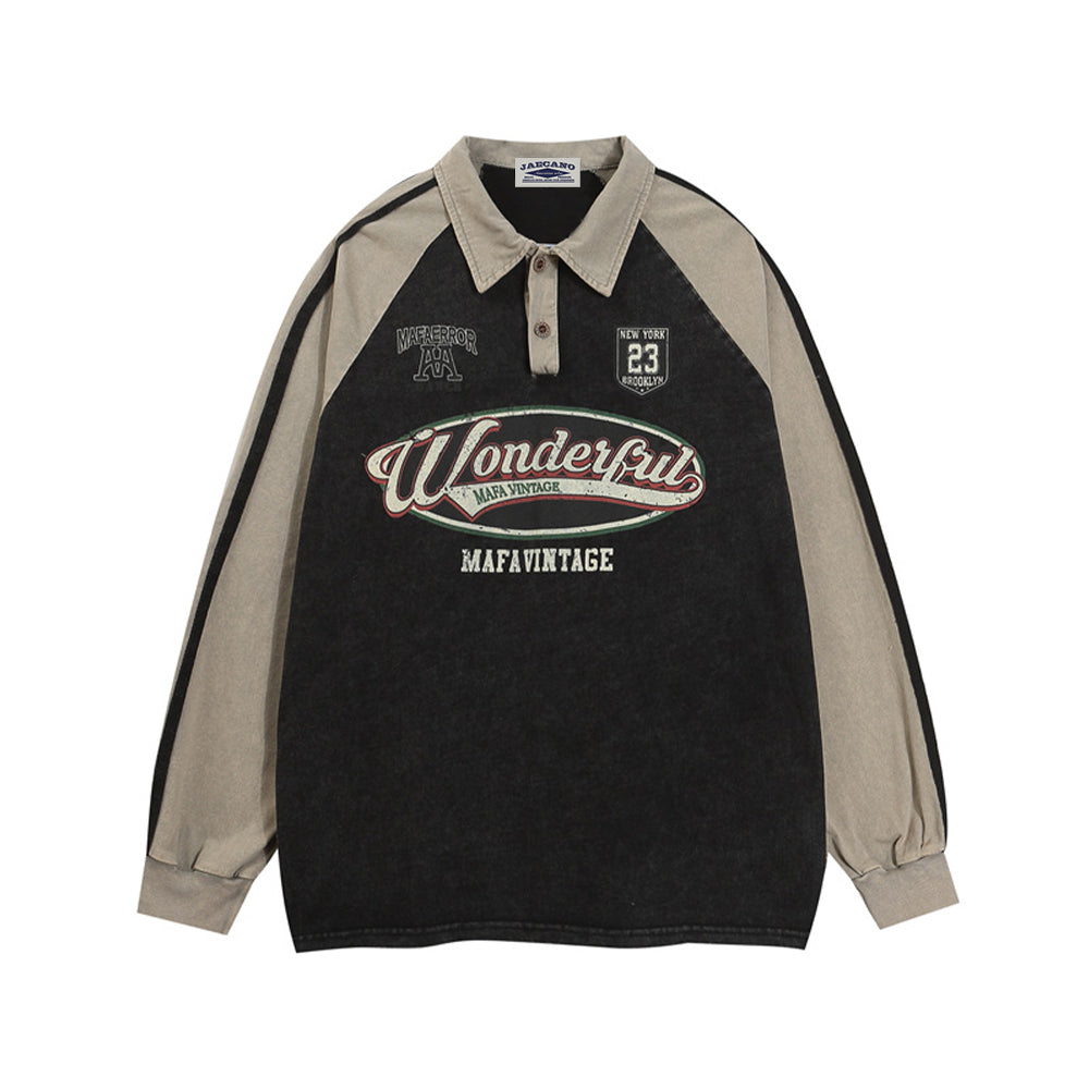 Retro distressed contrast color stitching long sleeves