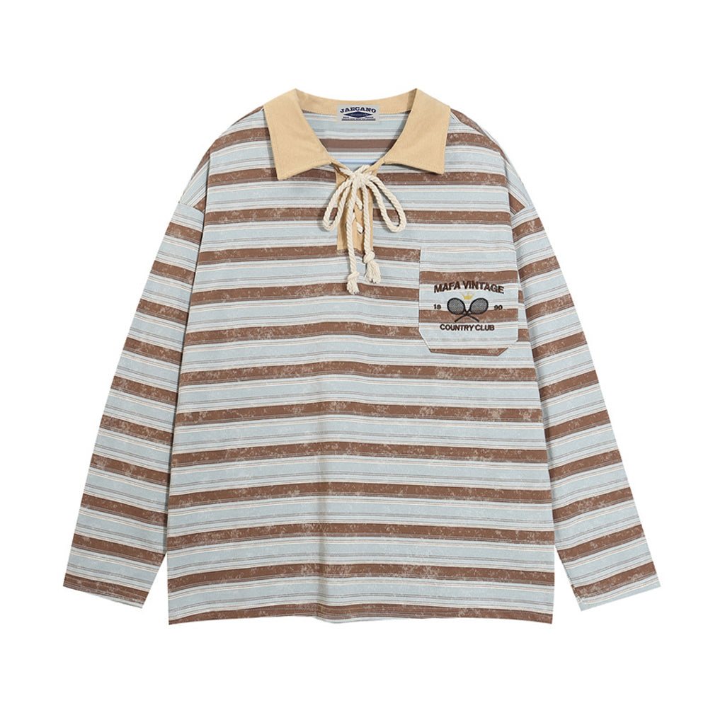 復古條紋情侶撞色polo衫