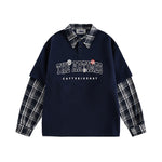 Fake two-piece color-blocked plaid sweatshirt