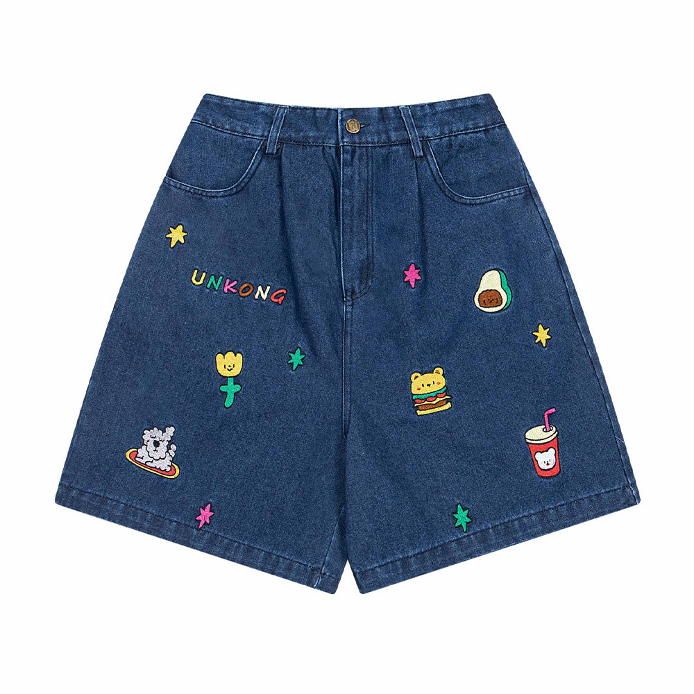 Cartoon embroidered denim shorts