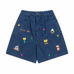 Cartoon embroidered denim shorts