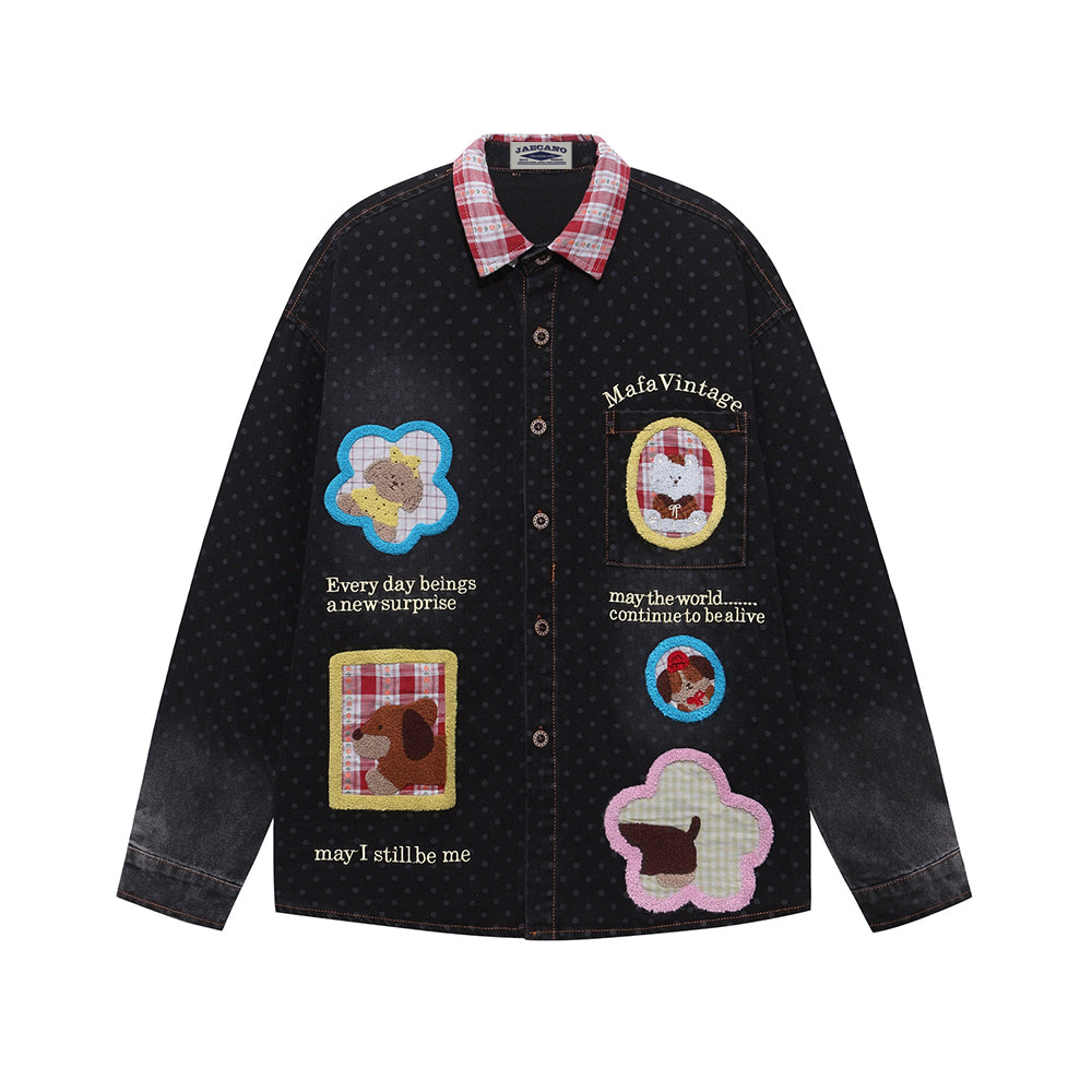 趣味卡通拼接襯衫