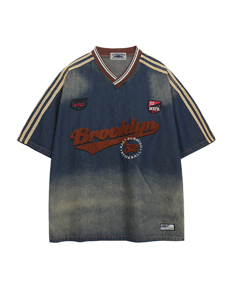 워시드 자수 데님 반팔