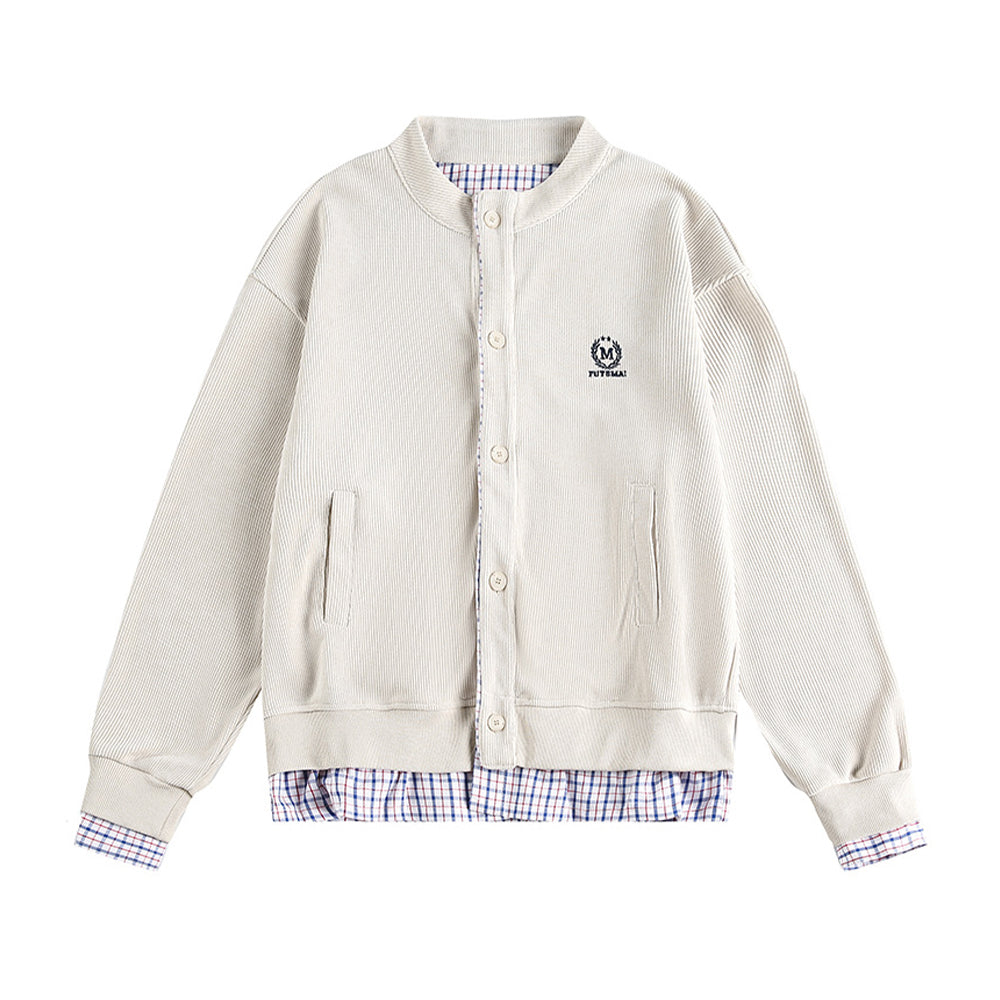 復古格子拼接假兩件開衫