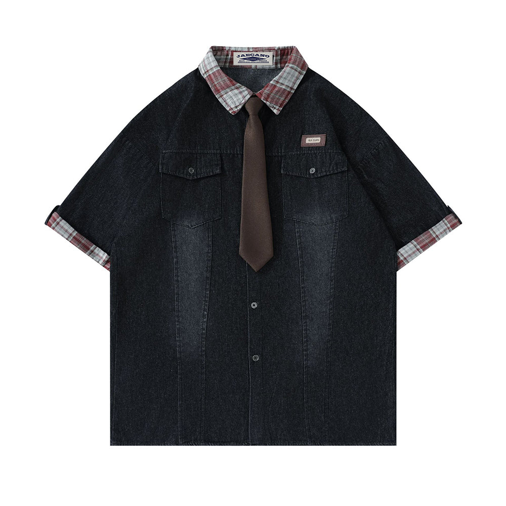 American retro gradient denim tie shirt