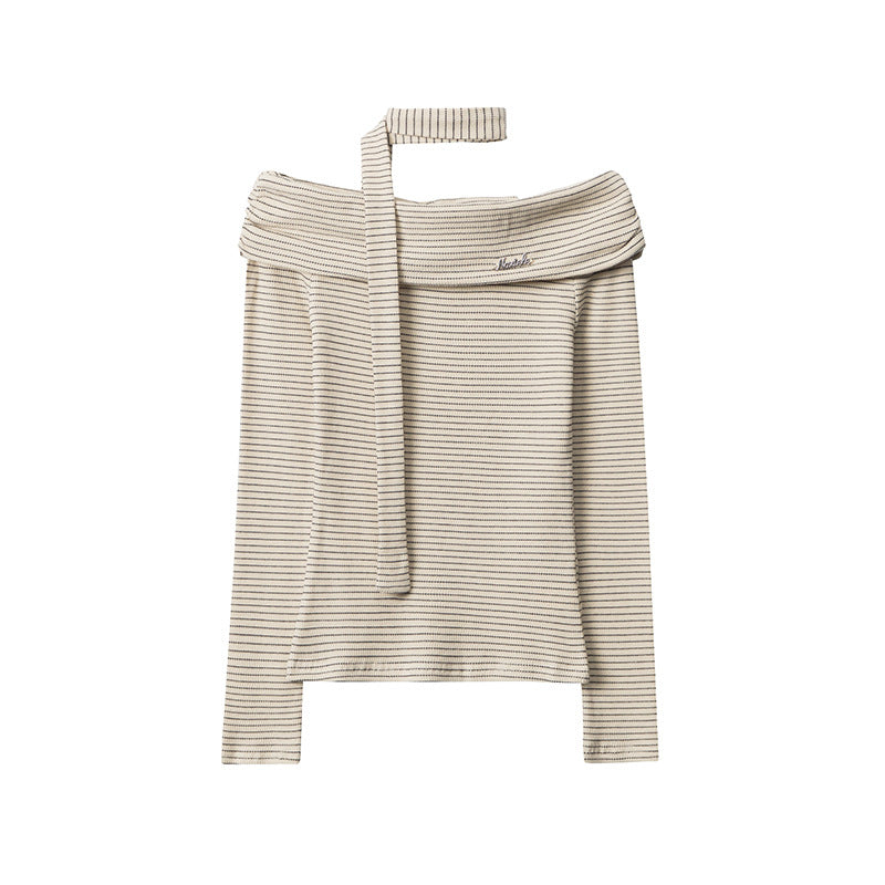 Striped contrasting one-shoulder long sleeves (women's style)