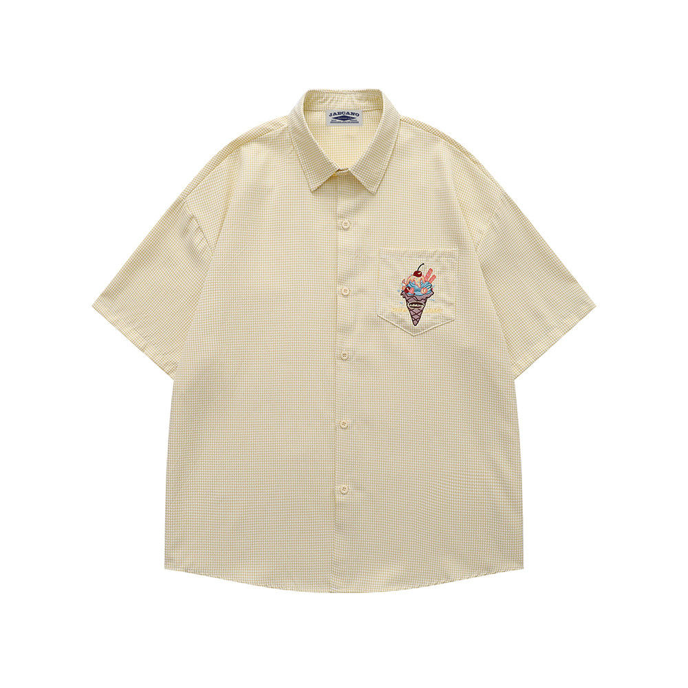 Embroidered plaid short-sleeved shirt