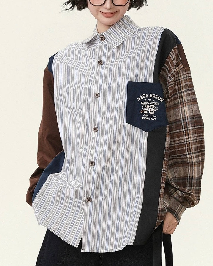 復古拼接撞色條紋襯衫