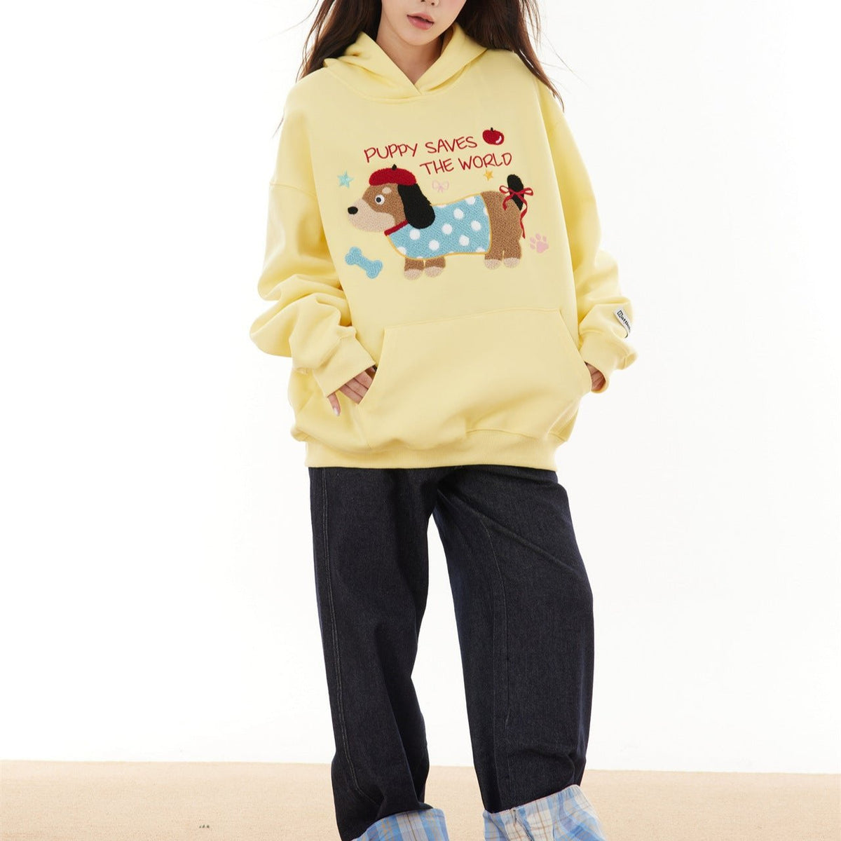 復古臘腸狗刺綉連帽衛衣