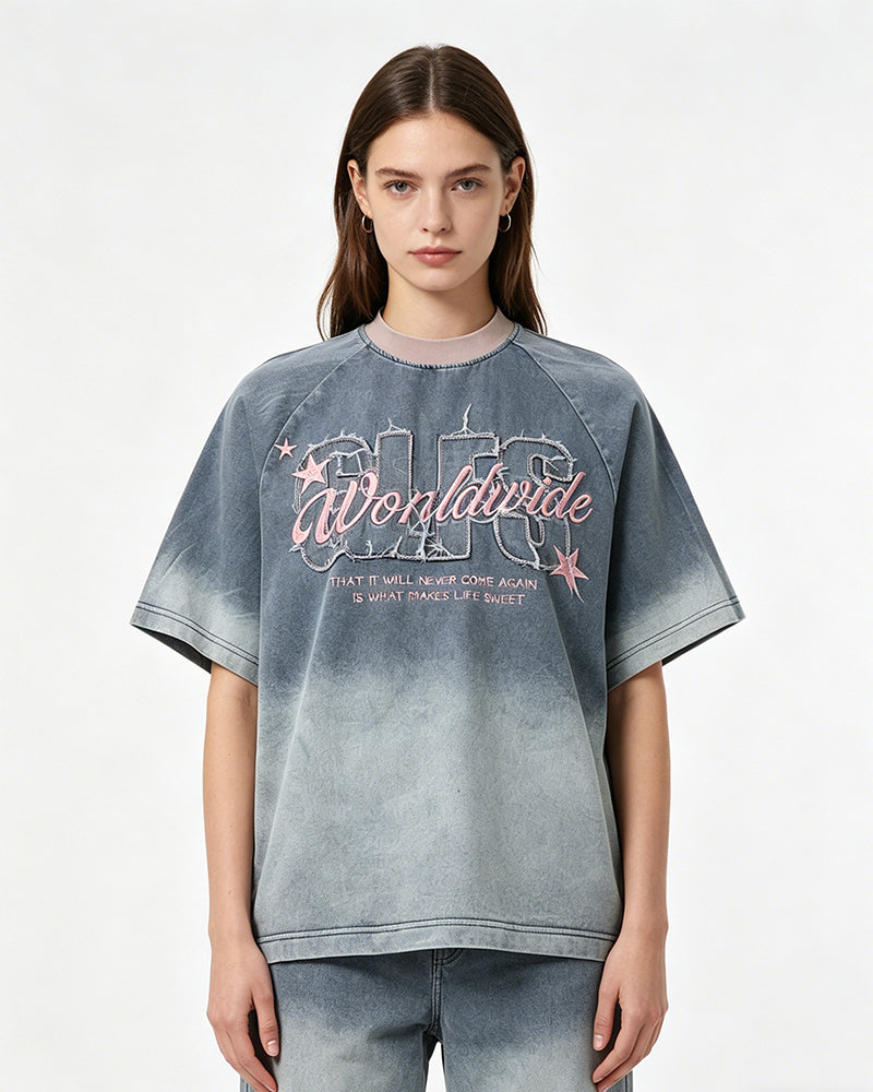 牛仔貼布刺綉短袖