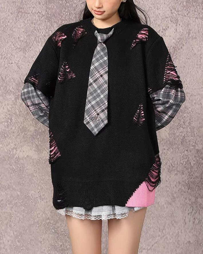 Retro patchwork fake two-piece knitted sweater