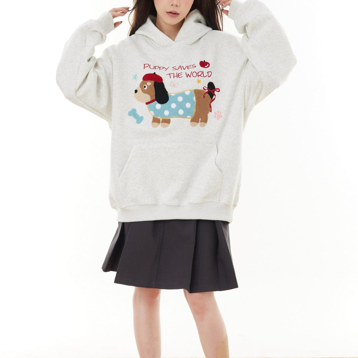 復古臘腸狗刺綉連帽衛衣