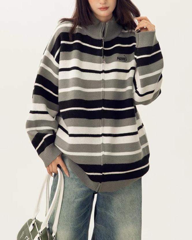 striped stand collar cardigan sweater