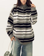 striped stand collar cardigan sweater