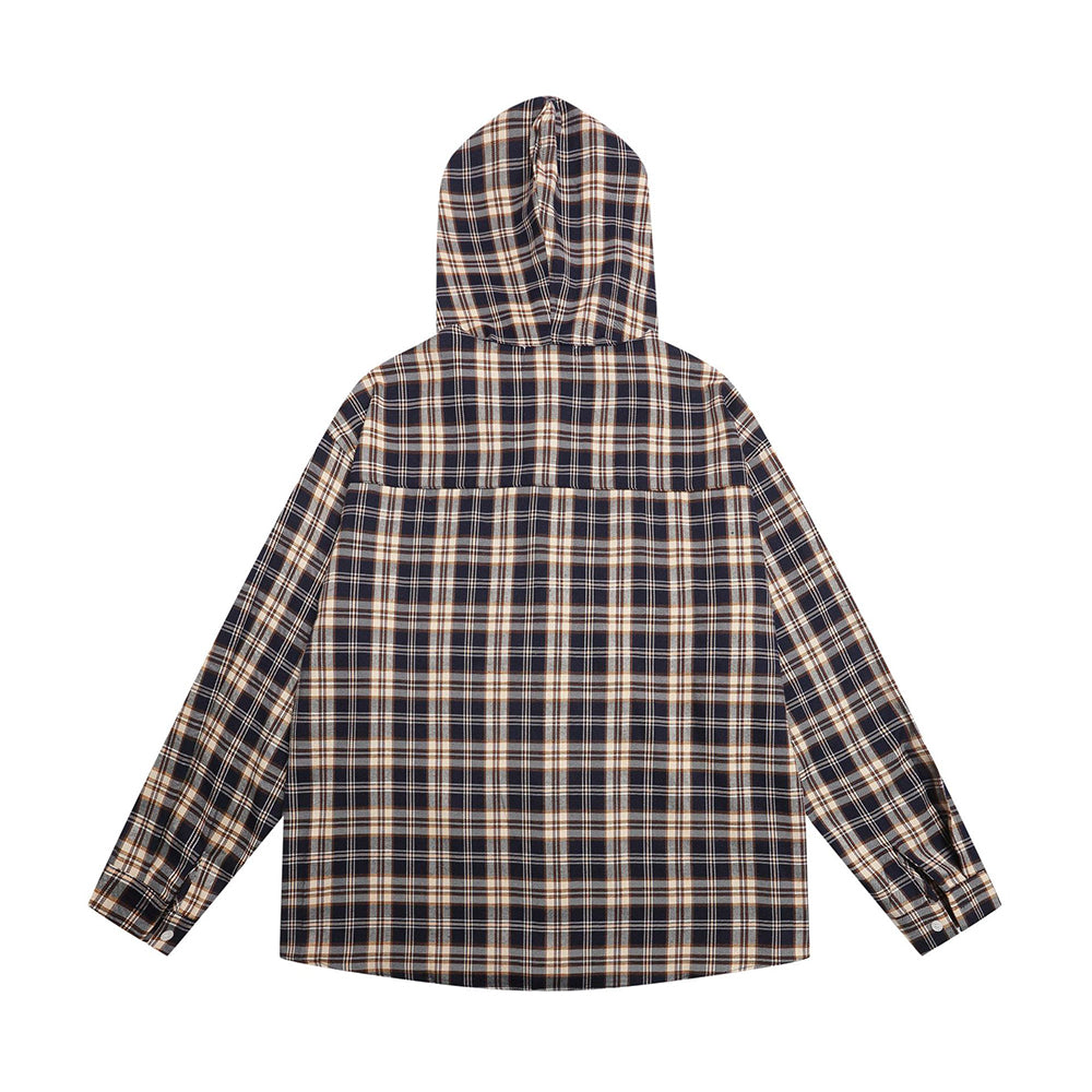 做舊撞色格子連帽襯衫