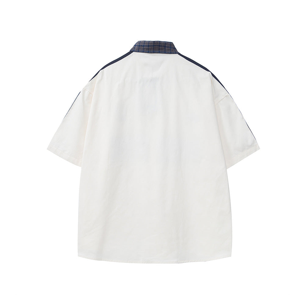 Embroidered contrast plaid short-sleeved shirt