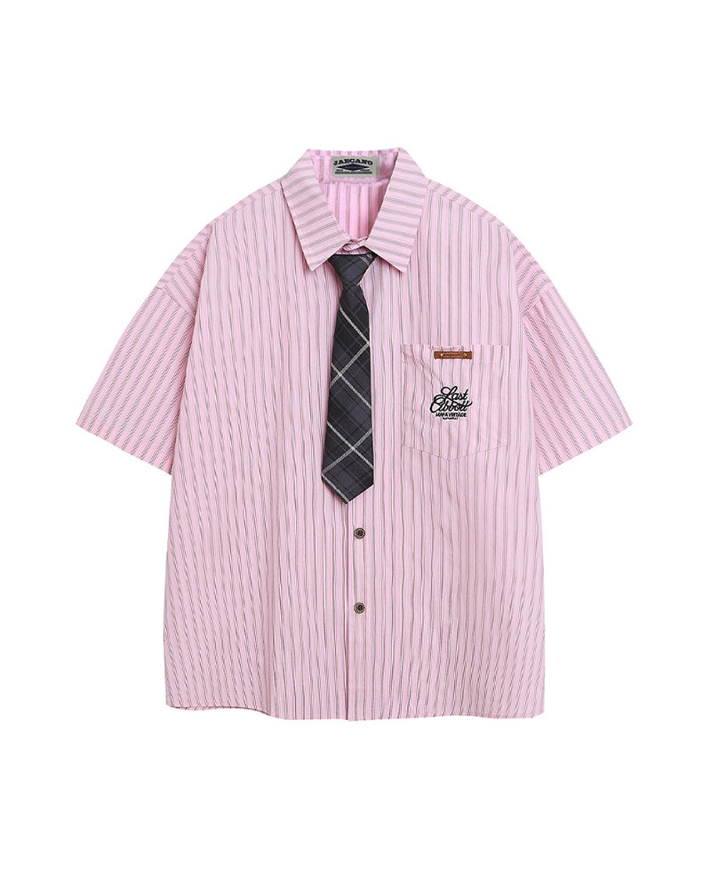 Vintage Striped Short Sleeve Shirt with Tie