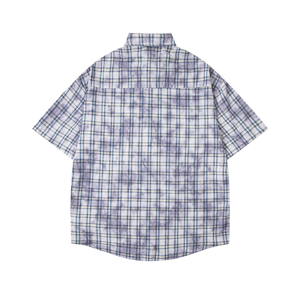 休閑格子短袖襯衫