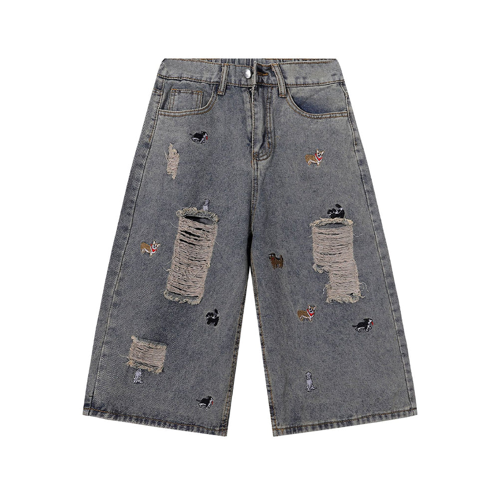 Puppy Embroidered Cropped Shorts