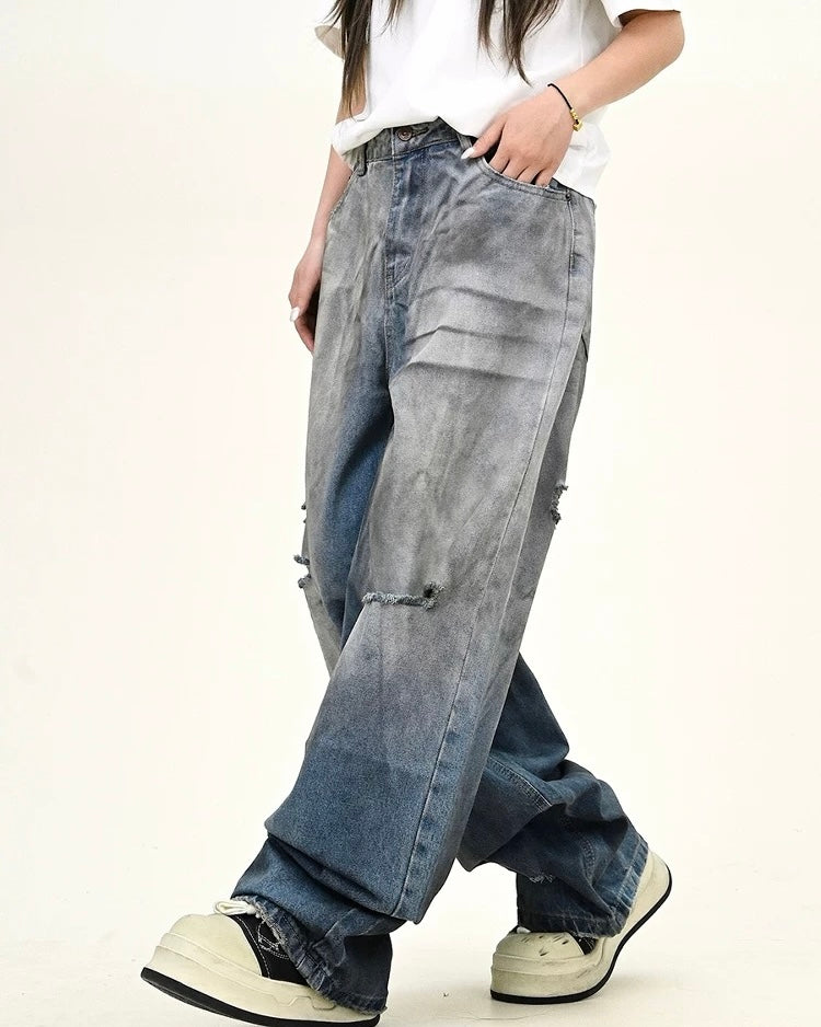 水洗破洞直筒牛仔褲