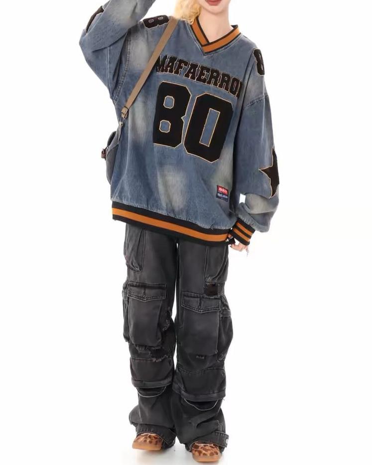 Retro distressed washed denim long sleeves