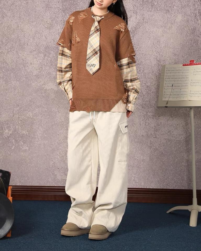 Retro patchwork fake two-piece knitted sweater