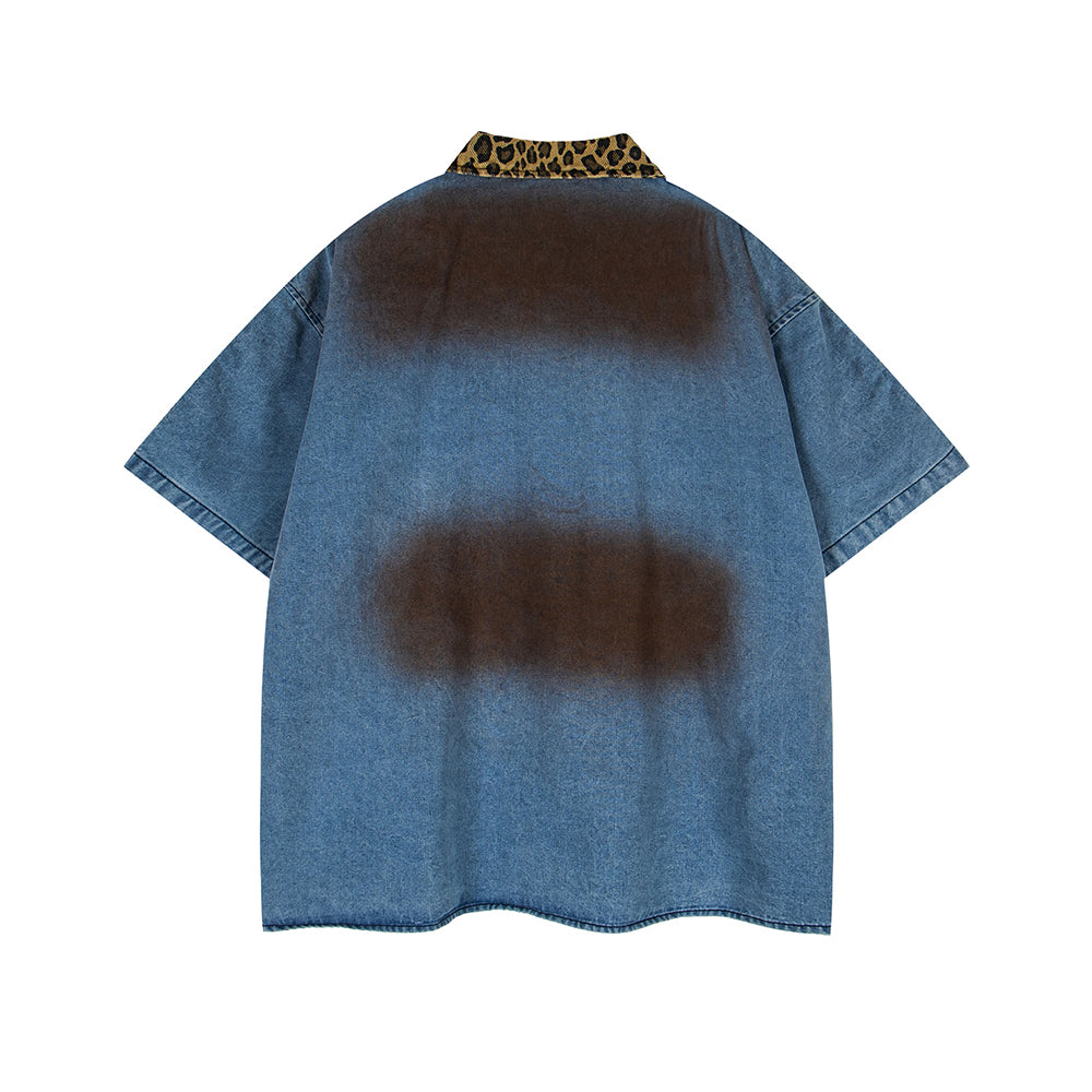 Distressed embroidered denim short-sleeved shirt