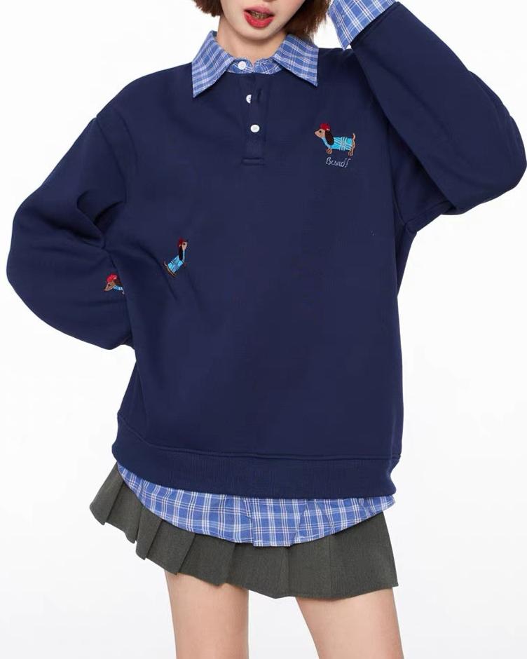 Spliced plaid fake two-piece polo sweatshirt