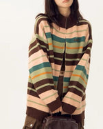striped stand collar cardigan sweater