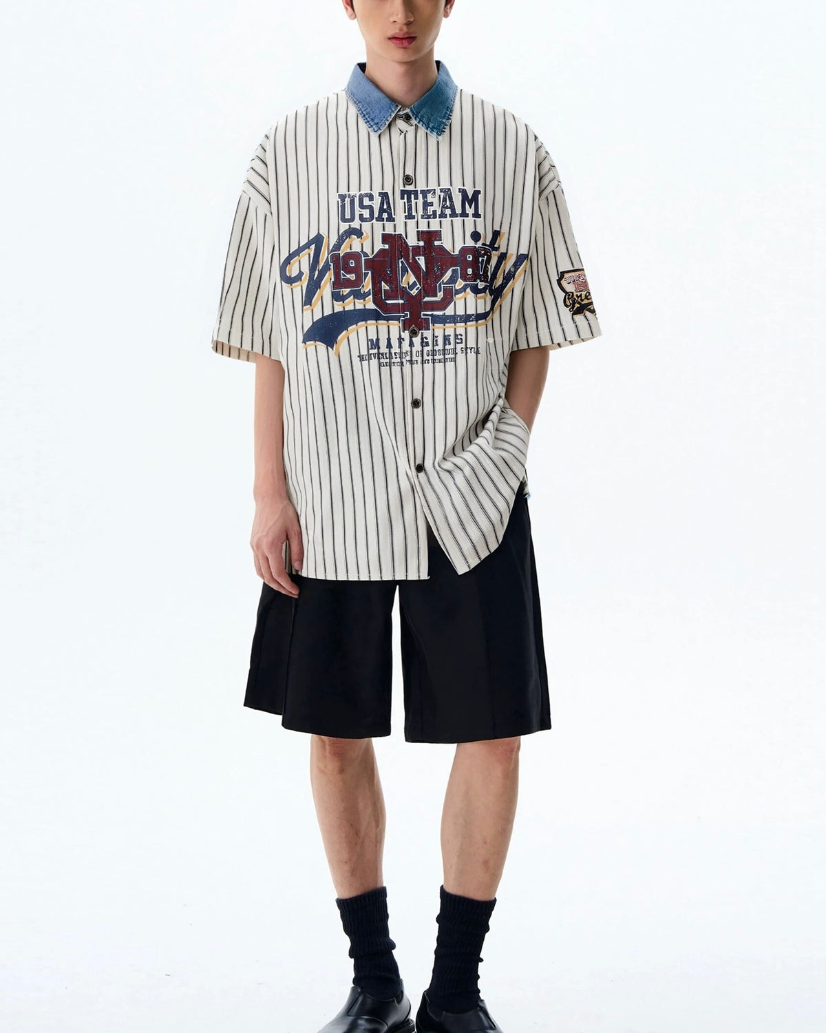 Lettering striped short-sleeved shirt