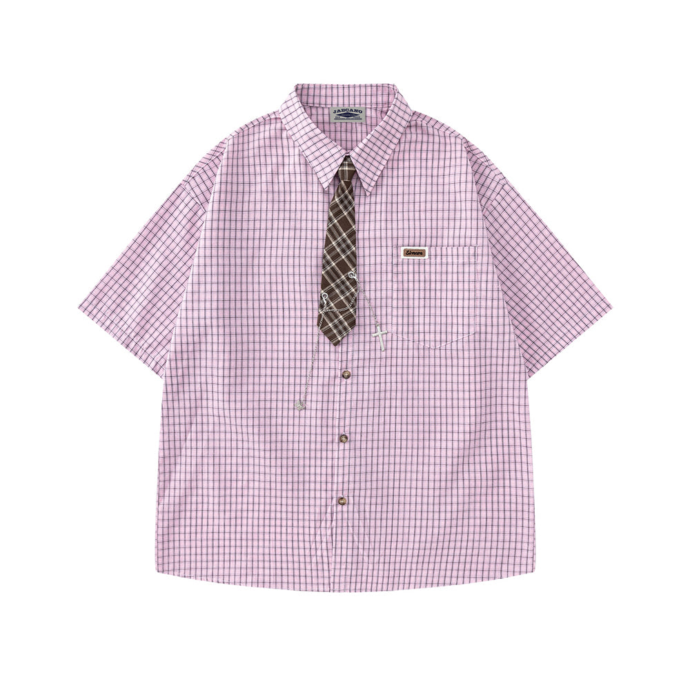 復古格紋短袖襯衫