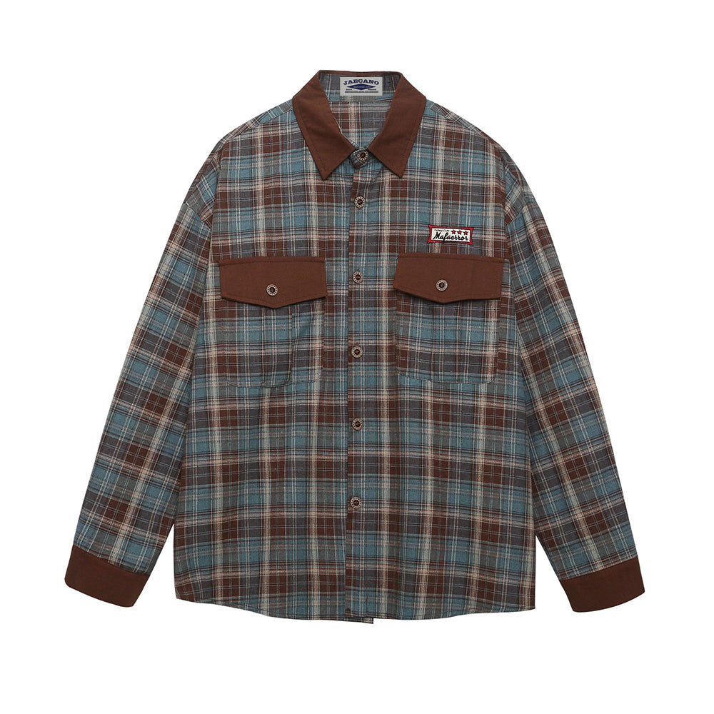 Retro contrast plaid long sleeve shirt