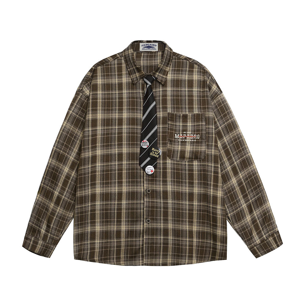 Embroidered plaid long-sleeved shirt