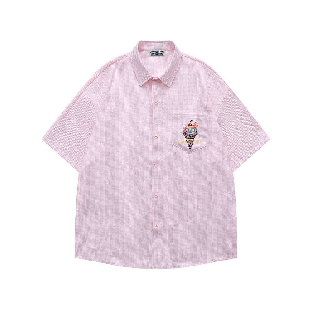 Embroidered plaid short-sleeved shirt