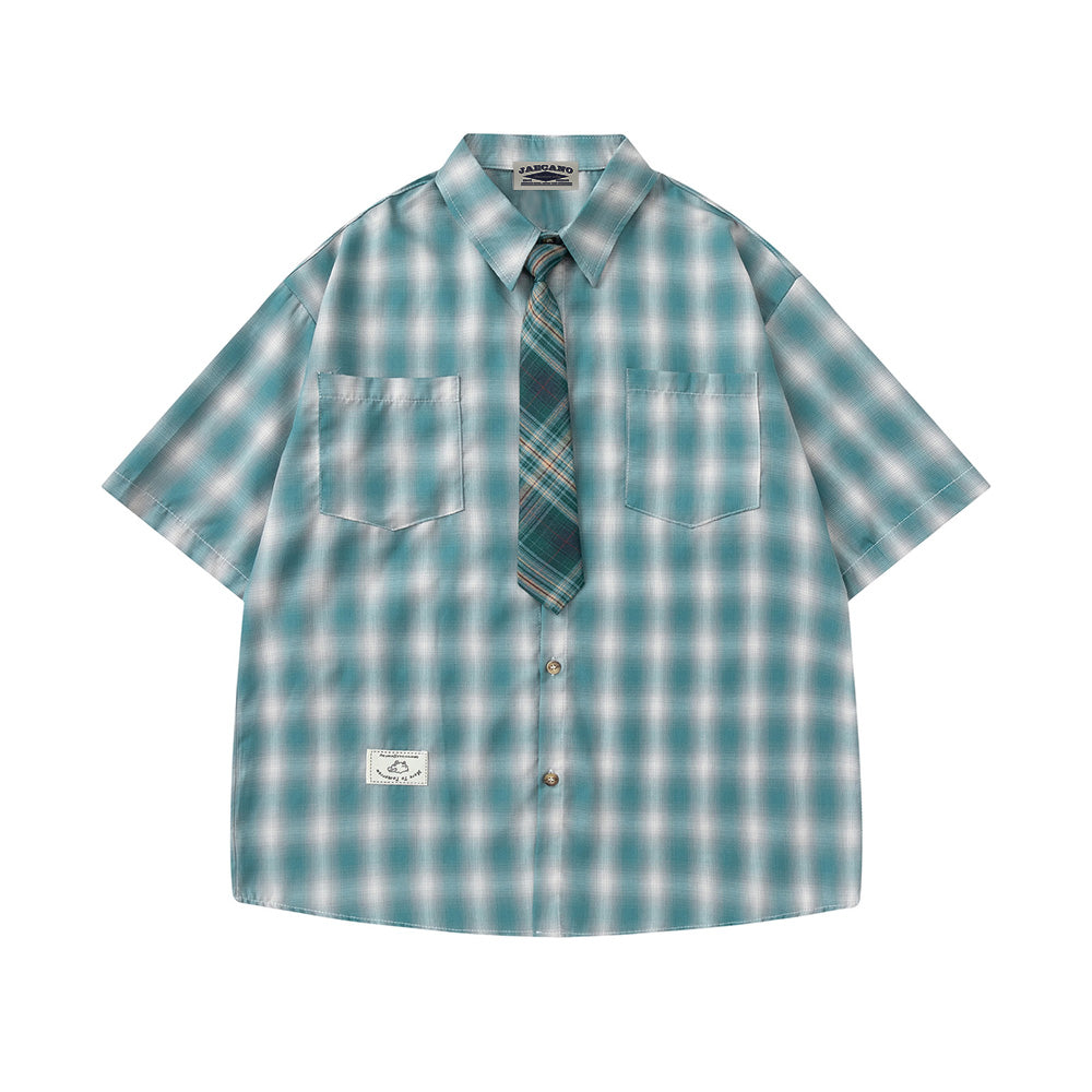 Vintage Plaid Tie Short Sleeve Shirt