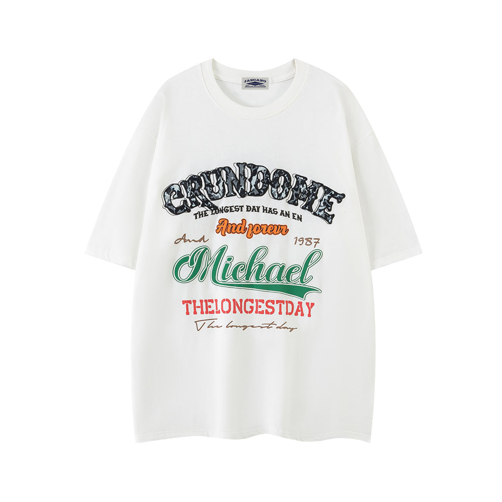 레터 패치가 있는 커플 반팔 티셔츠