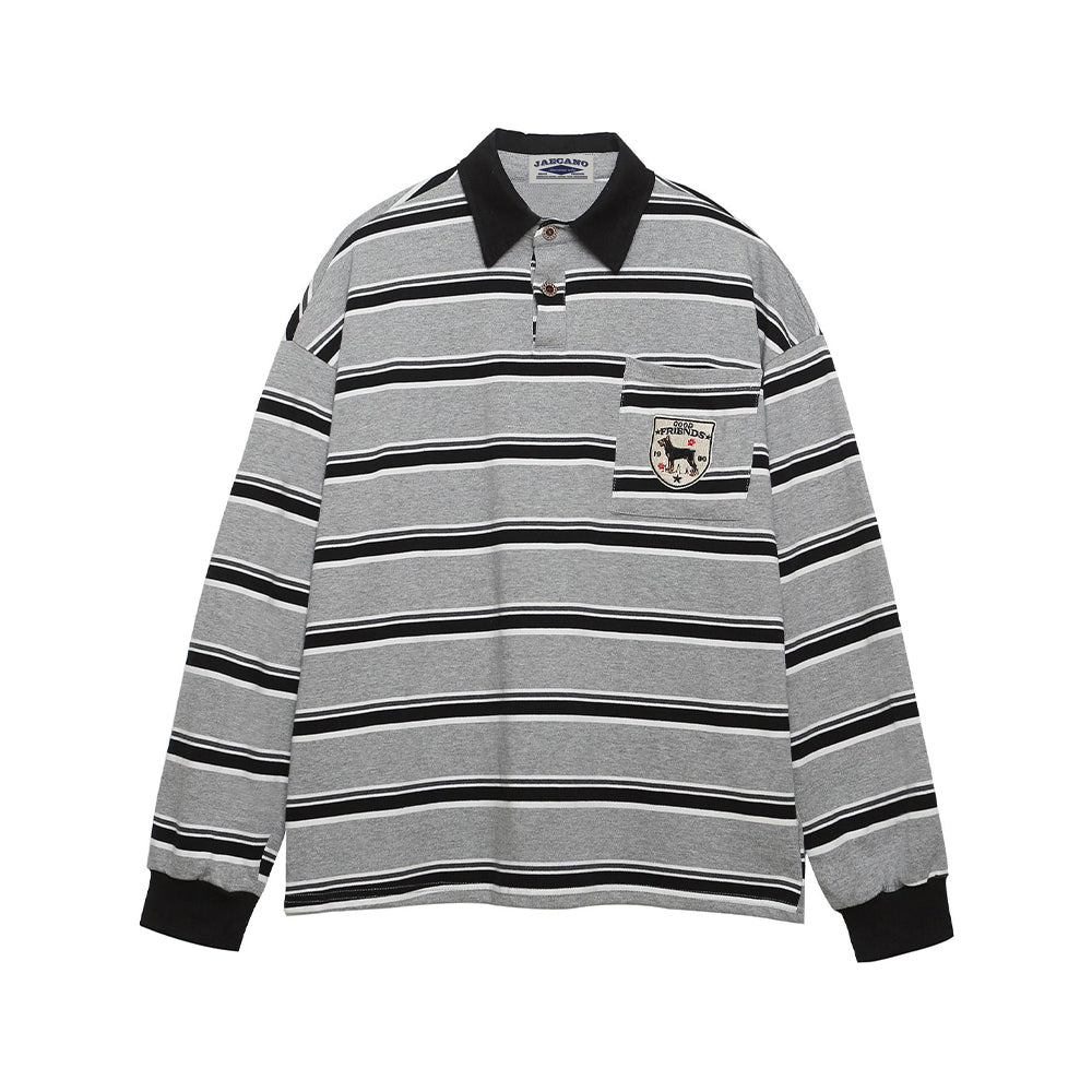 Contrast stripe embroidered polo long sleeves