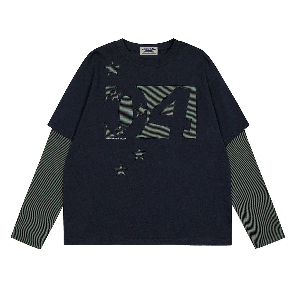 Striped patchwork fake two-piece long sleeves