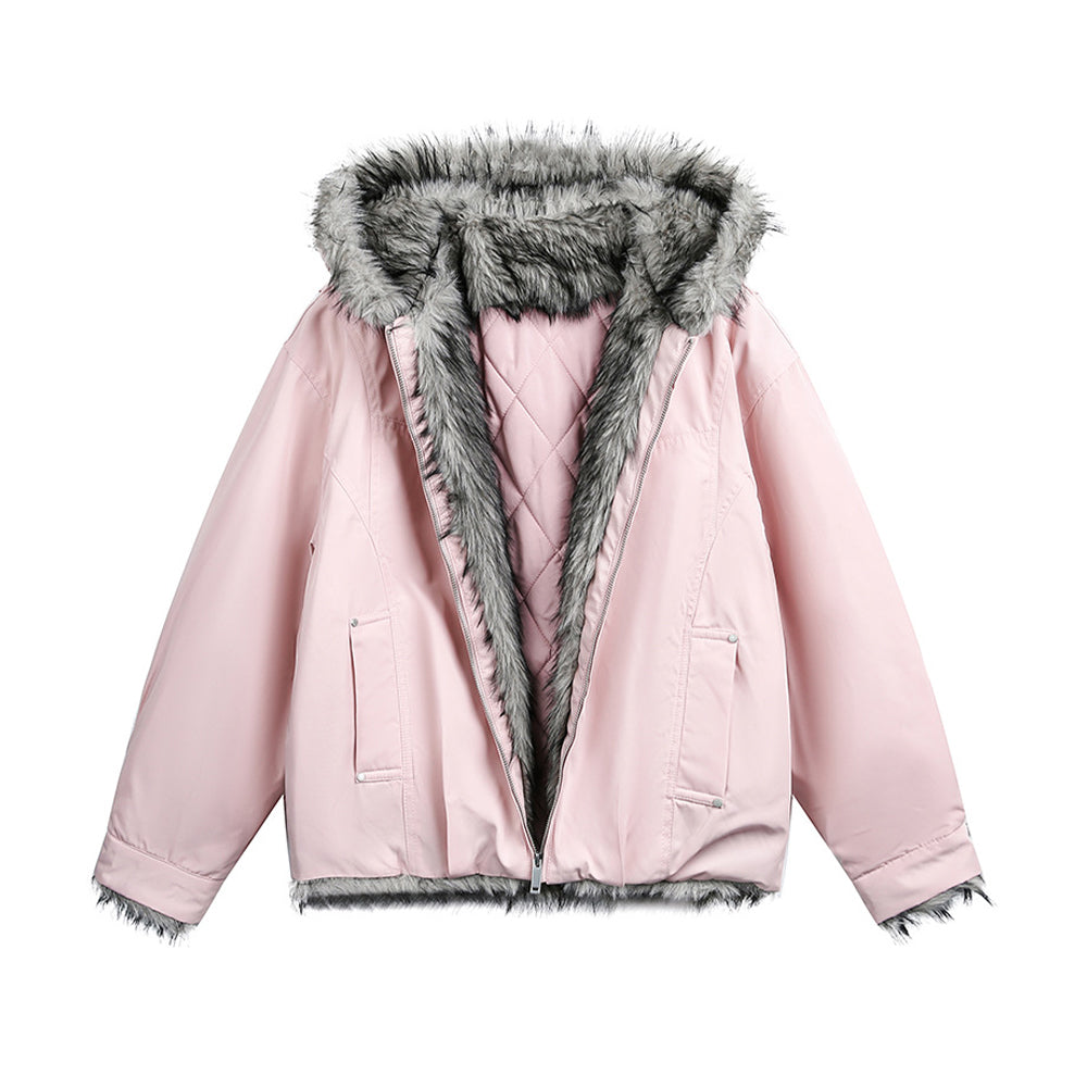 Hooded cotton-padded jacket with fur collar
