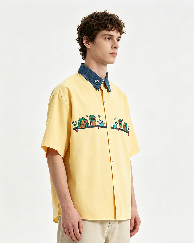 Contrast color stitching cute short sleeve shirt