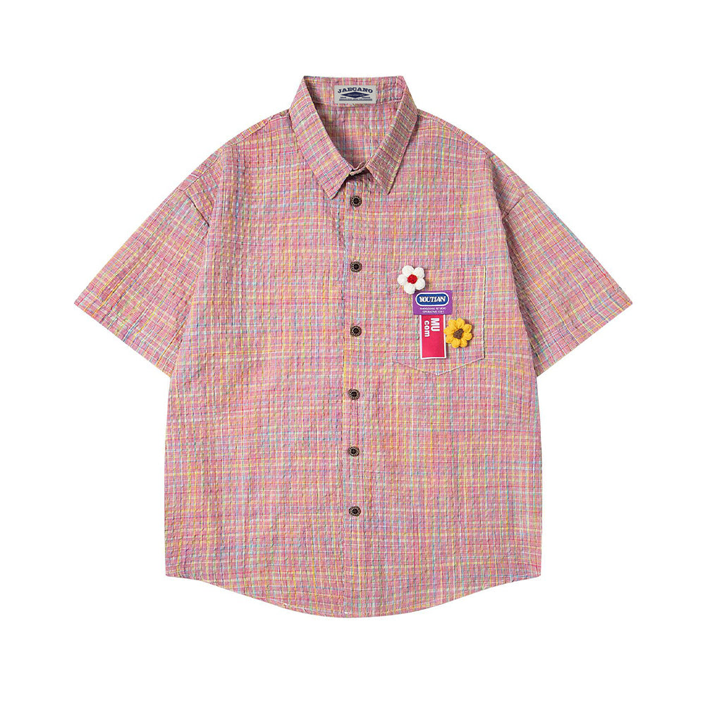 Small floral plaid short-sleeved shirt