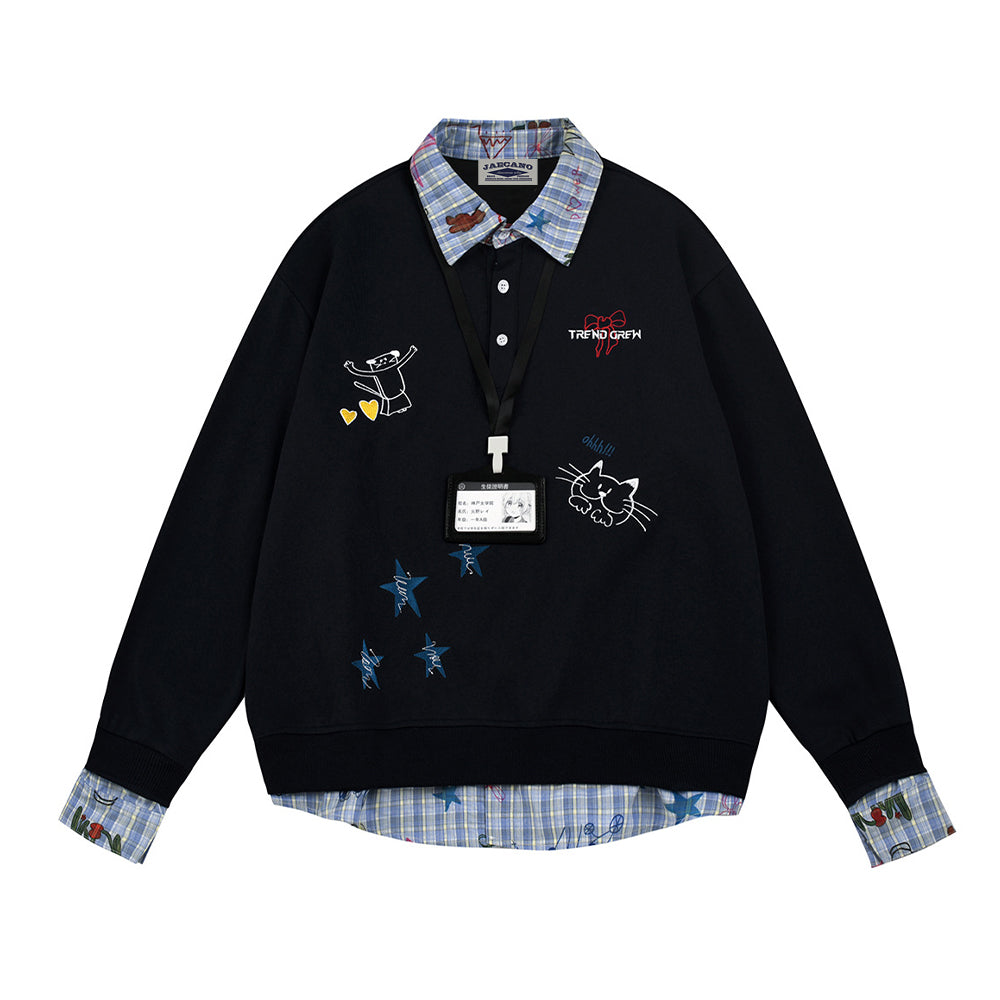 Cute cat embroidery fake two-piece sweatshirt