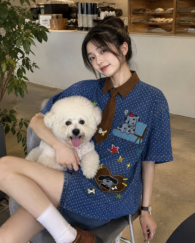 Cartoon Embroidered Short-Sleeve Shirt
