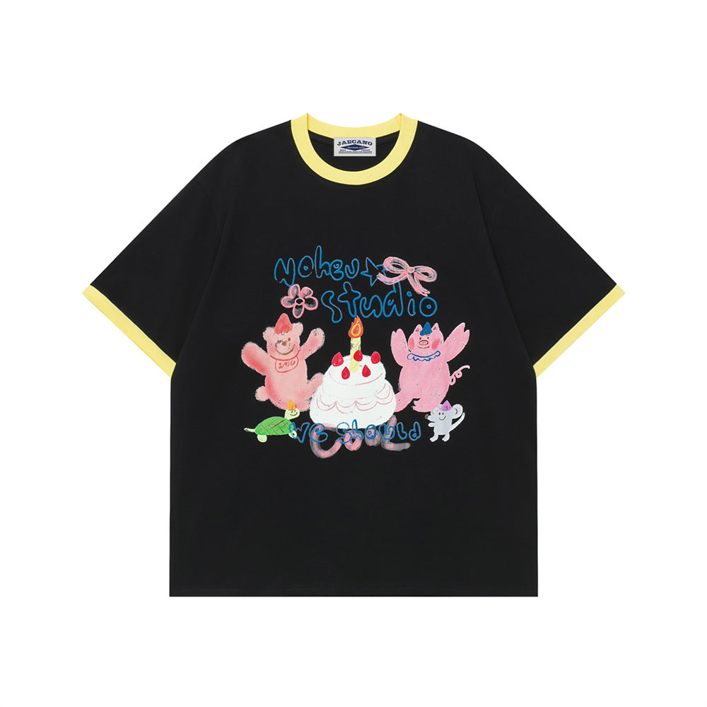 귀여운 컬러블록 프린트 반팔