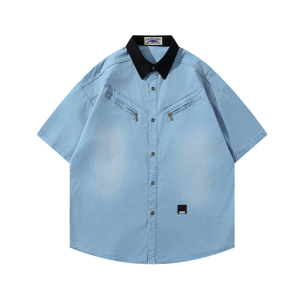 Retro patchwork short-sleeved shirt