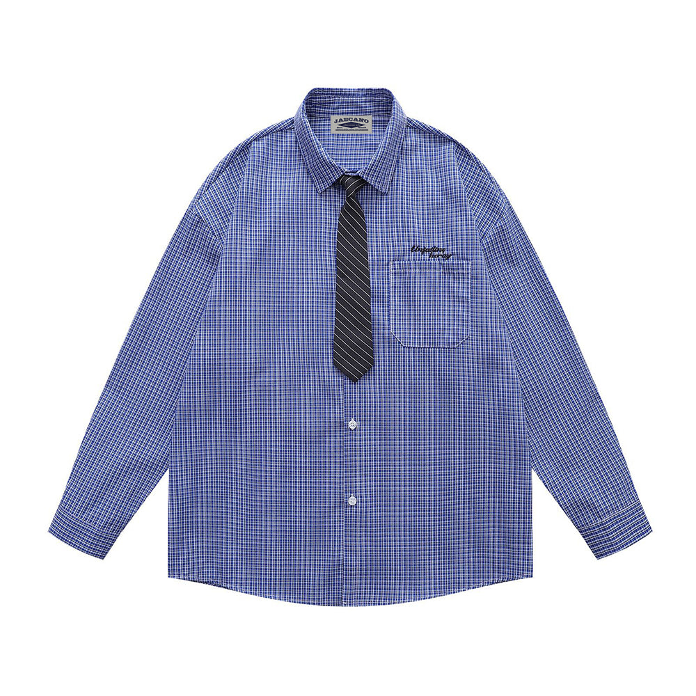 Embroidered plaid long-sleeved shirt