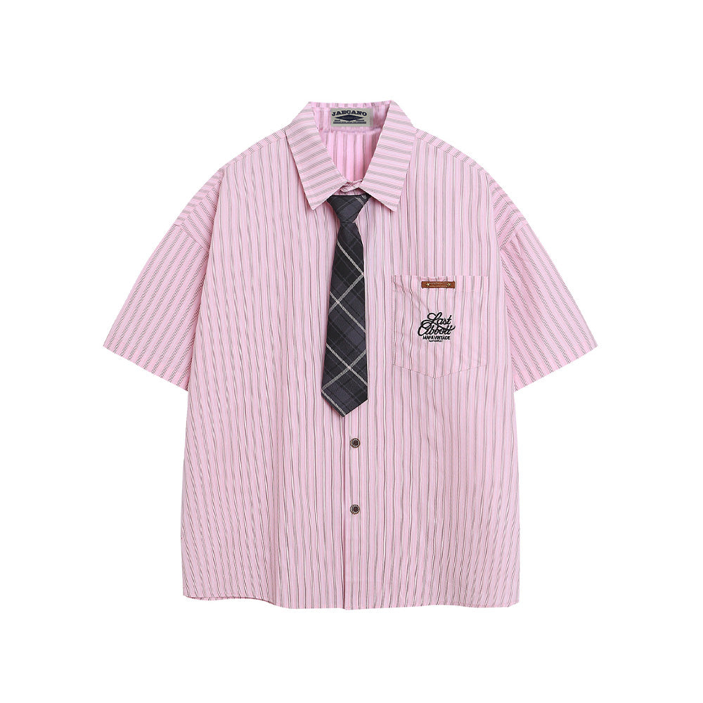 Vintage Striped Short Sleeve Shirt with Tie